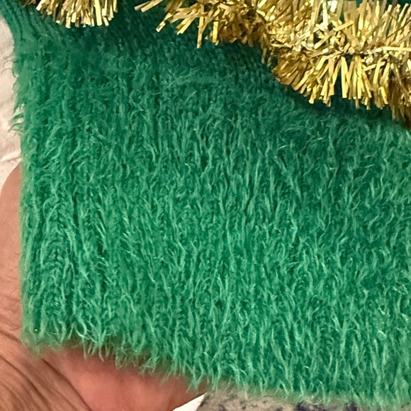 Festive Green Christmas Tree Hooded Sweater/Trimmed with Tinsel & Poms - Picture 5 of 8